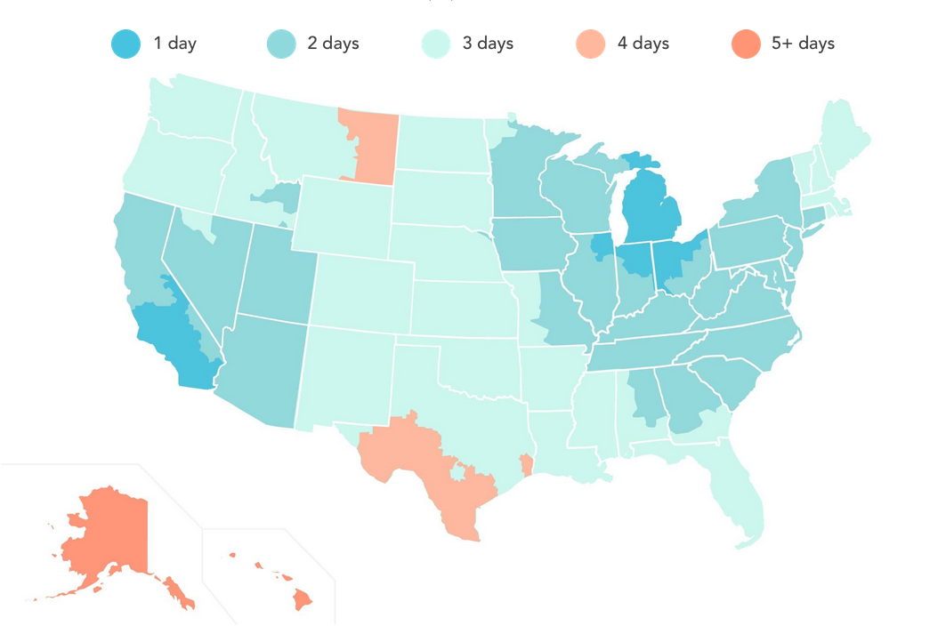 Map of estimated shipping times in the United States